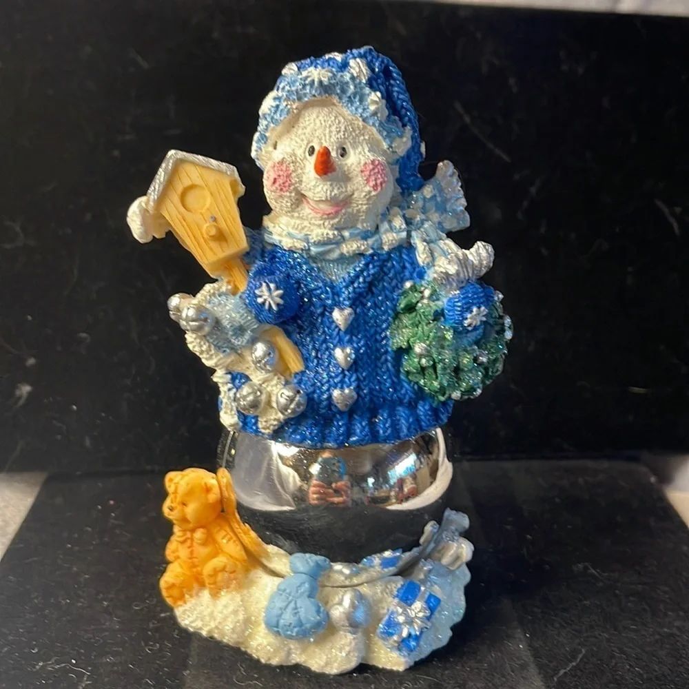 Vintage Blue & White Sparkling Snowman Silver Ornament Base Figurine